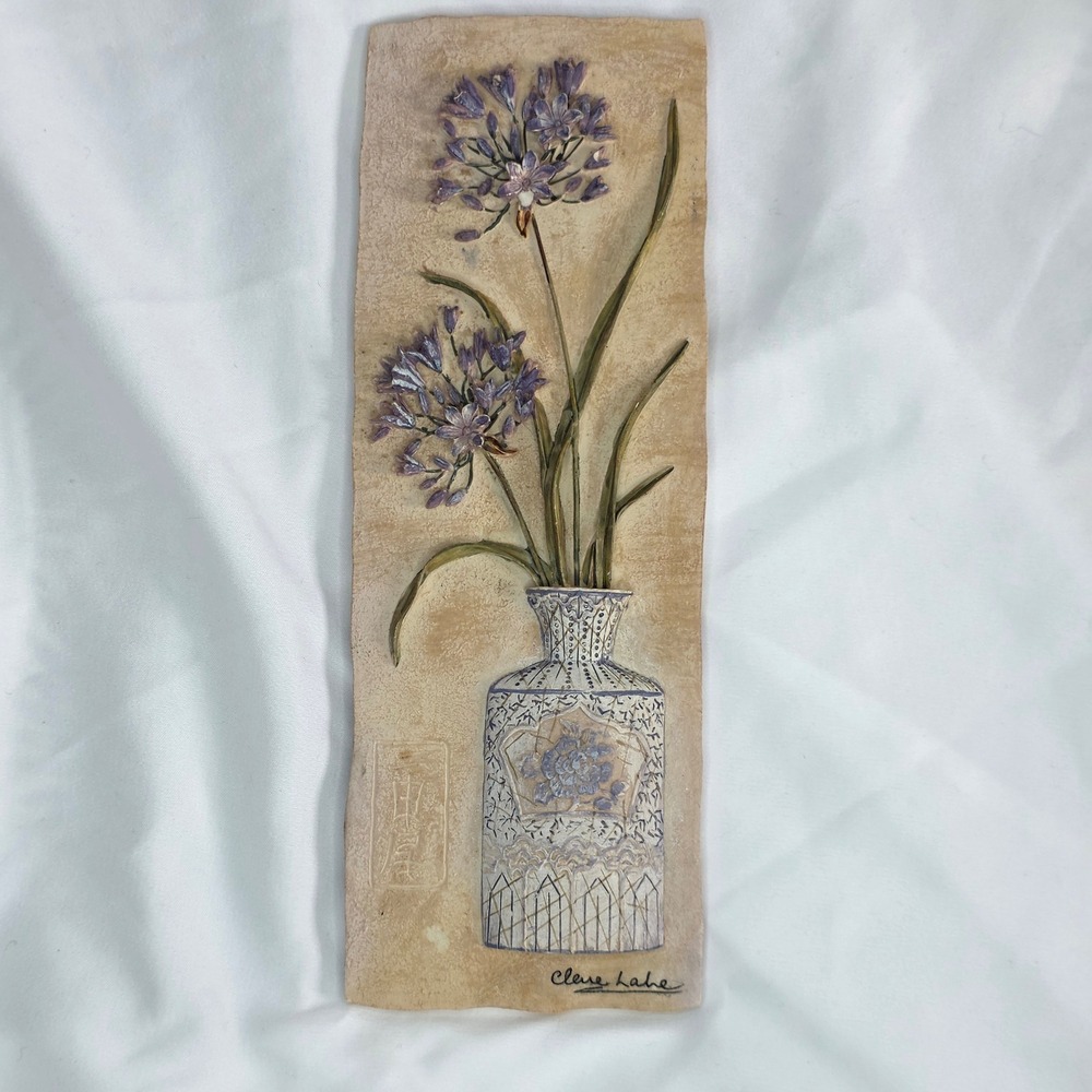 Clare Lake Ceramic Wall Art Floral Relief Plaque Purple Flowers Cottagecore
